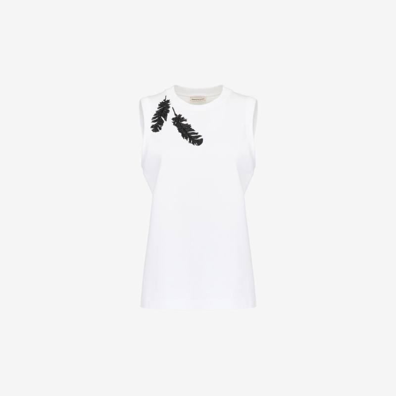 Alexander McQueen Women's White Feather Embroidery Tank Top - 12 (Cotton)